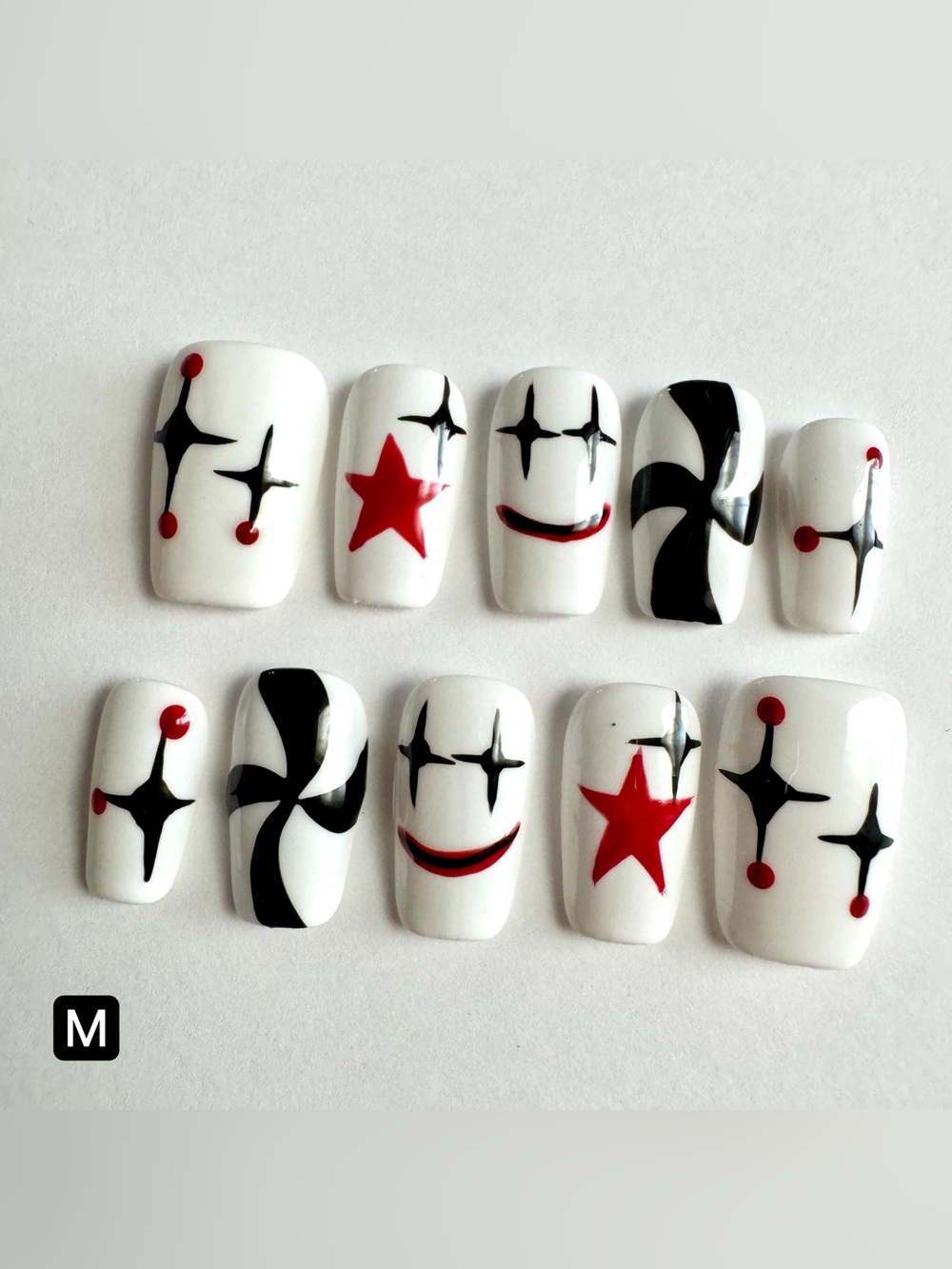 White Press-On Nails with Red Stars & Graphic Clown Accents